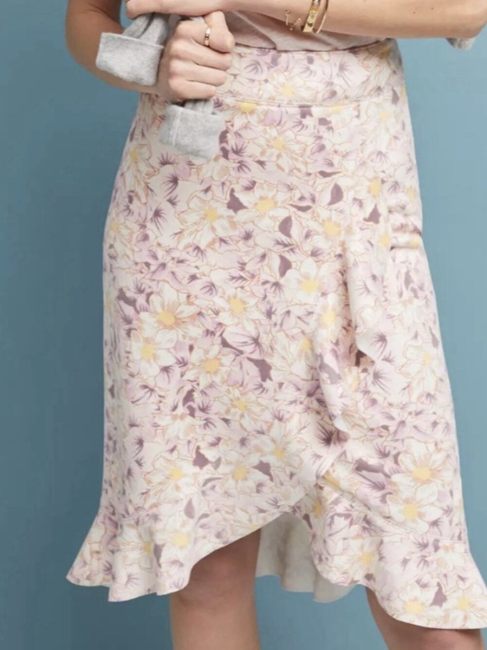 Anthropologie Skye Floral Faux Suede Ruffle Pencil Skirt Womens Sz 10 Feminine